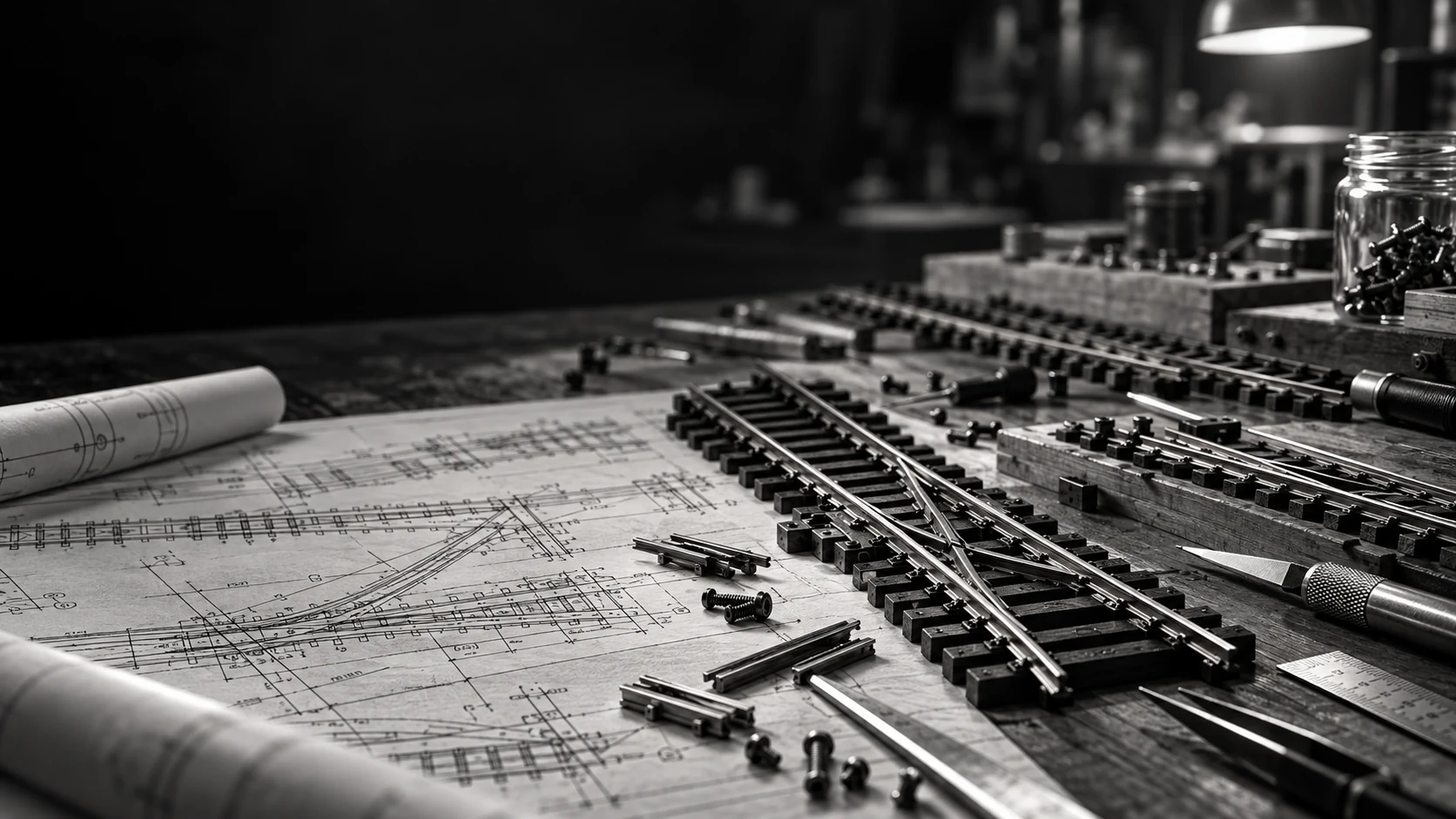Monochrome concept artwork of railroad plans, track and tools on a workbench