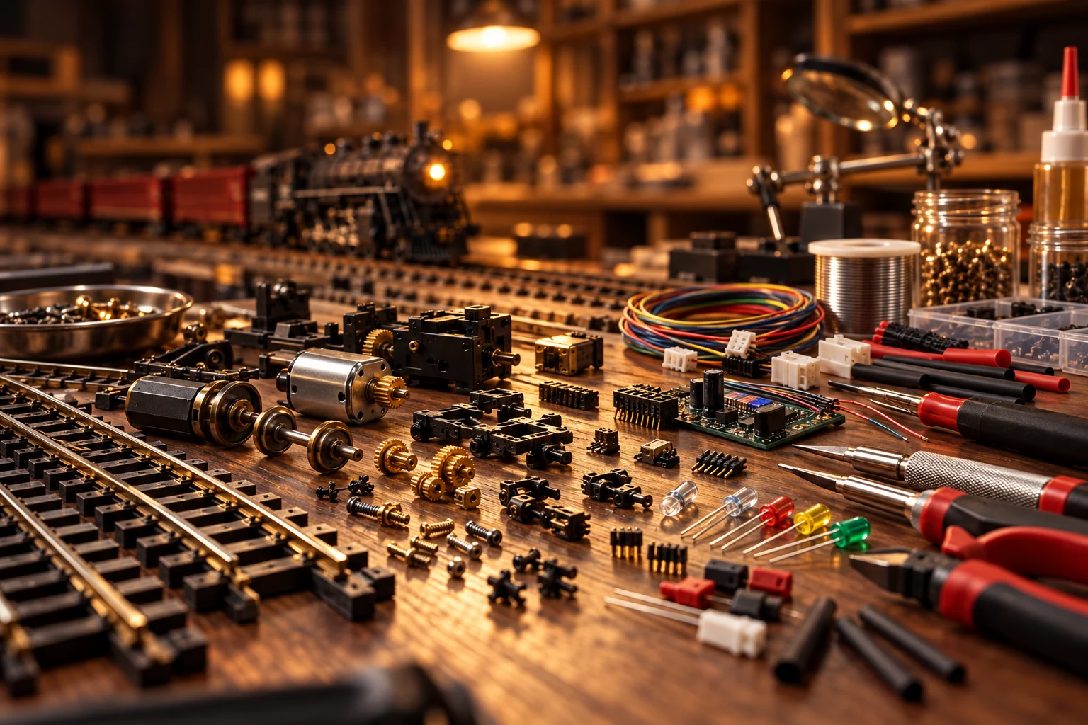 Workbench tools and model train electrical parts