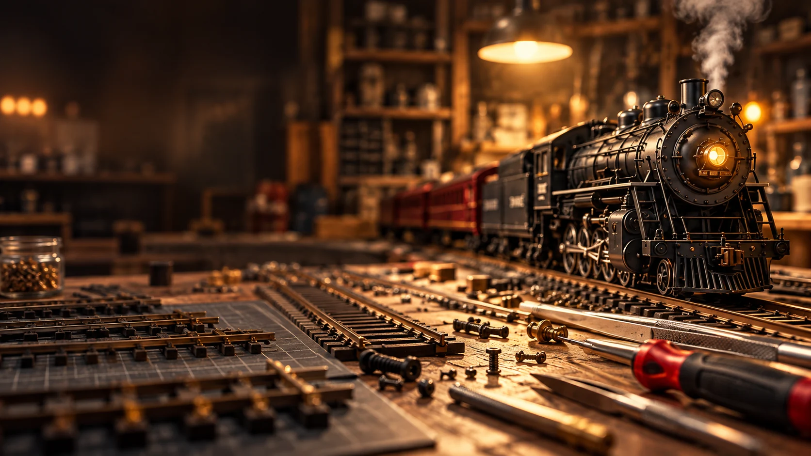 Concept artwork of a model steam locomotive on a warmly lit construction workbench